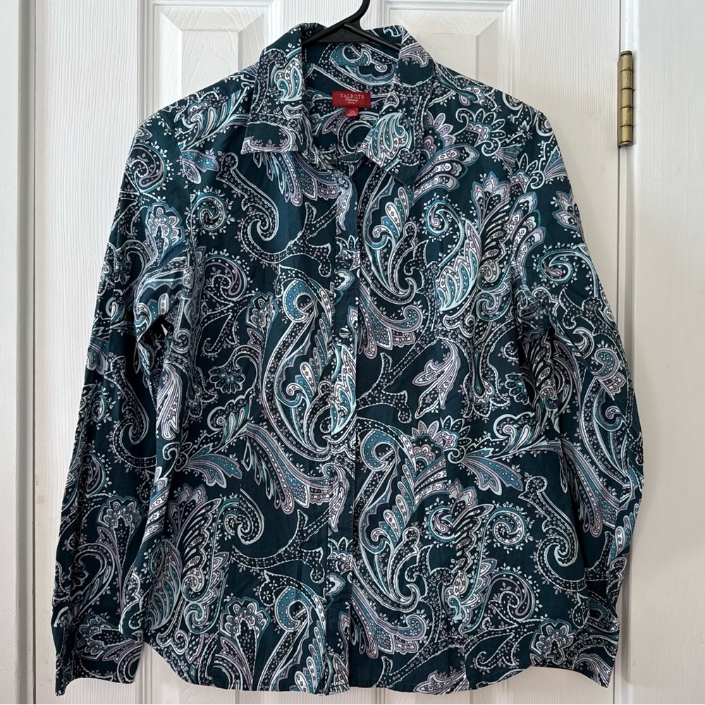 Talbots Petites Paisley Button-Down Shirt Teal Green Size 12P - Picture 2 of 5